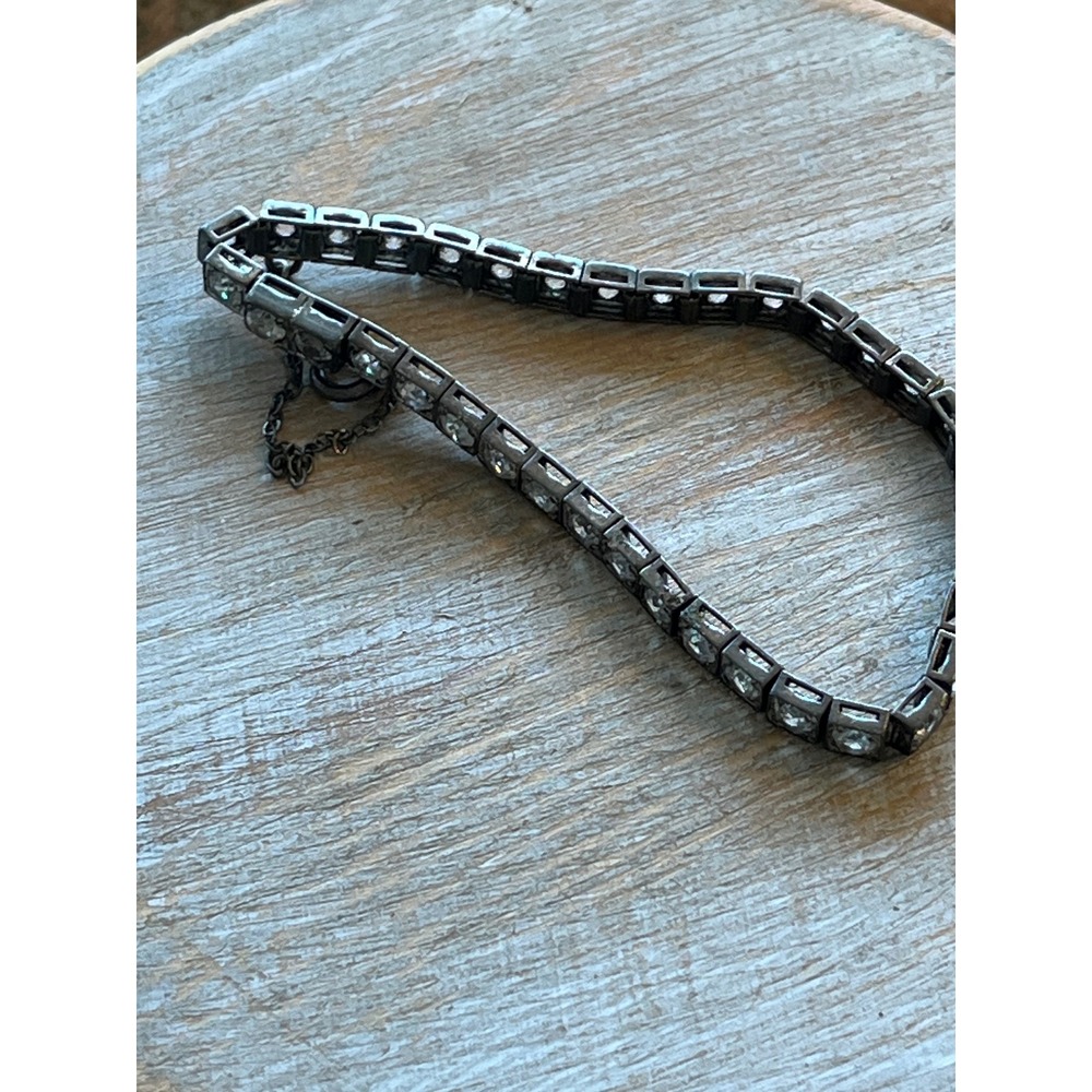 Sterling Silver Crystal Tennis Bracelet Box Link Safety Chain Vintage